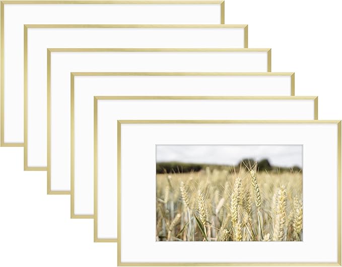 Golden State Art 11x17 Picture Frame 6 Pack - Soft Gold Aluminum Photo Frames With 8x12 Mats and Real Glass Cover - Elegant Minimalist Wall Gallery Frames for Home or Office Decor