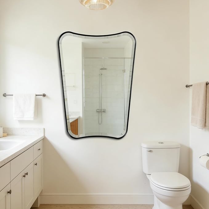 POZINO Irregular Beveled Mirror, 24"x36" Modern Bathroom Vanity Mirror for Over Sink, Unique Butterfly Shape Aesthetic Wall Mirrors for Living Room Bedroom Entryway Hallway Fireplace