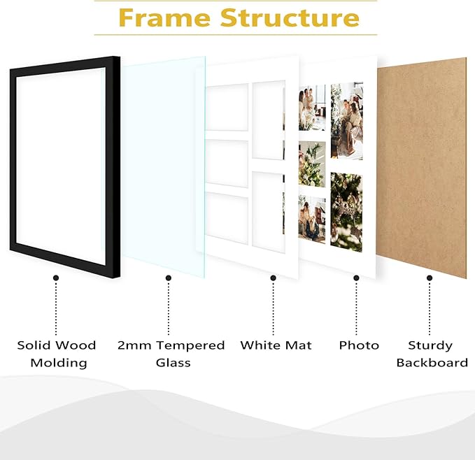 Golden State Art, 11x14 Black Wooden Frame with White Mat - Displays Five 4x6 Photos - Tempered Glass - Wall Mounting, Portrait, Set of 10