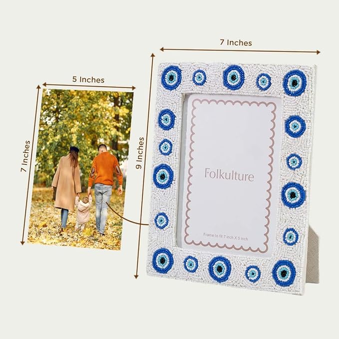 Folkulture Picture Frame for Wall or Tabletop | Evil Eye 5x7 Aesthetic, Cute, Protective Evil Eye Design Photo Frame| Vertical & Horizontal Display | Handmade Housewarming Gifts