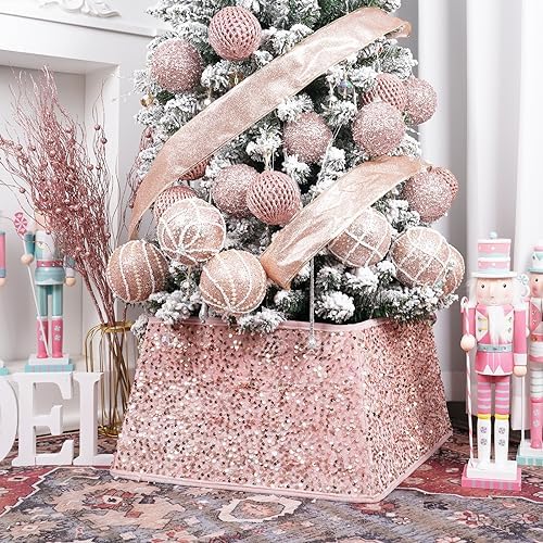 Christmas Tree Collars for Atificial Trees, 24 Inch Sparkling Sequins Christmas Skirt, Base Cover,Holiday Home Decor Ring(Rose Gold,Medium) - Image 3