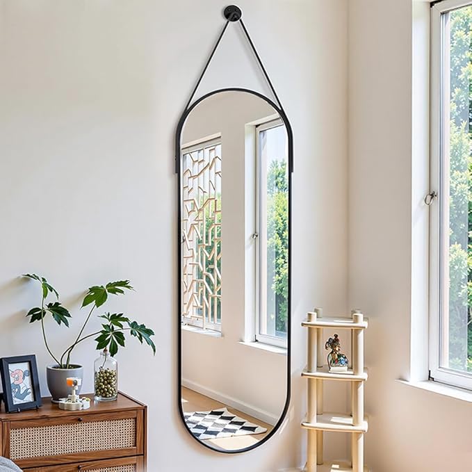 OGCAU 48'' x 16'' Full Length Mirror Wall-Mounted, Full Body Hanging Mirror for Wall and Door in Bedroom, Living Room, Oval with Straps, Hanging with Aluminum Alloy Frame (Oval Black)