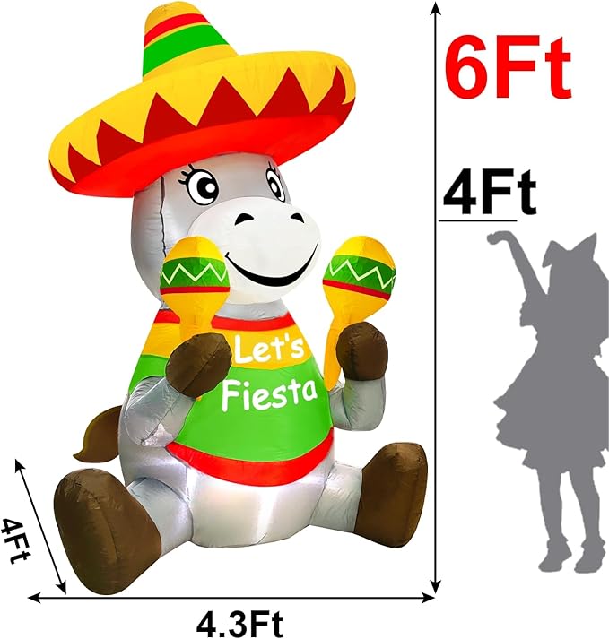TURNMEON 6 Ft Tall Cinco De Mayo Inflatable Decorations Outdoor Sitting Donkey with Taco Sombreros Fiesta Maracas LED Lights Blow Up Holiday Party Indoor Yard Garden Lawn May 5 Mexican Summer Decor