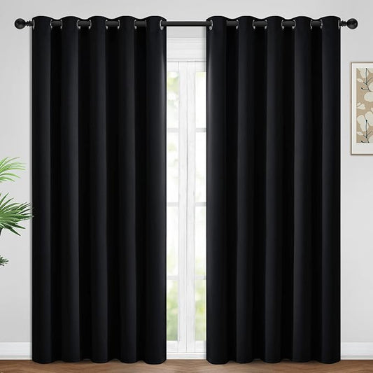 Yakamok Blackout Curtains Room Darkening Thermal Insulated Window Panels,Solid Grommet Top Drapes for Bedroom/Living Room(62Wx96L, Black, 2 Panels)