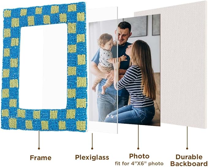 Folkulture Beaded Picture Frame for Wall or Tabletop | Candid 4x6 Aesthetic, Cute, Boho Unique Style Photo Frame with Plexiglass | Vertical & Horizontal Display | Handmade Housewarming Gifts