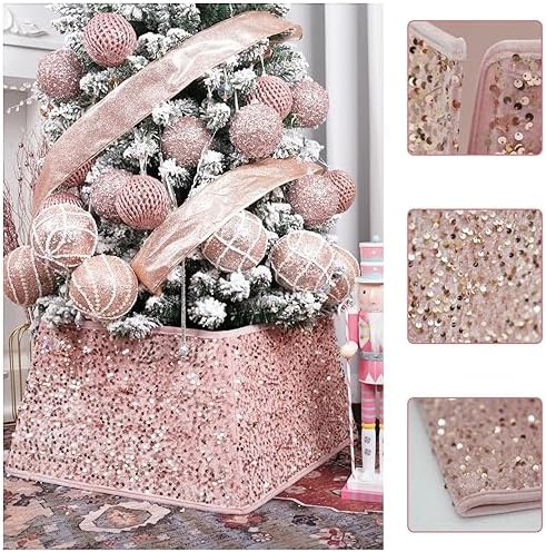 Christmas Tree Collars for Atificial Trees, 24 Inch Sparkling Sequins Christmas Skirt, Base Cover,Holiday Home Decor Ring(Rose Gold,Medium) - Image 2