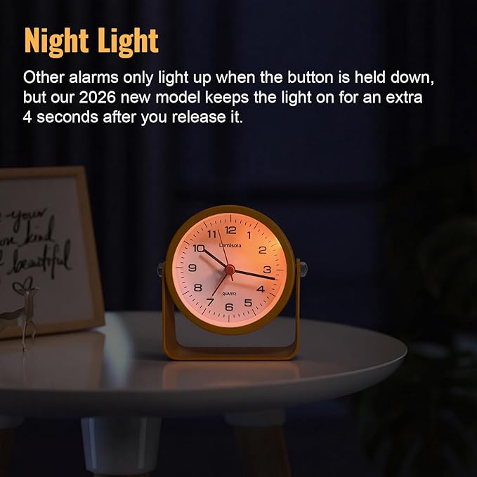 3.5 Inch Small Desk Alarm Clock, Battery Operated Analog Silent Clock with Night Light, Retro Vintage Metal Bedside Clock for Bedroom, Office, Bathroom, Dorm, Shelf, Table - Orange