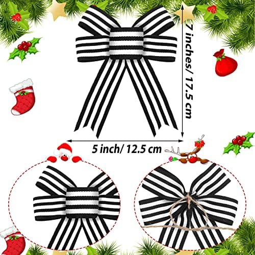 12 Pieces Christmas Black White Stripe Tree Topper Bows Christmas Burlap Bows Halloween Wreath Bow Craft for Tree Gift Wrapping Wall Home Front Door Decor - Image 4