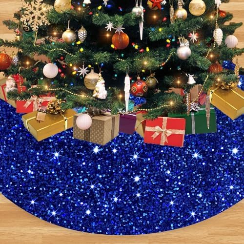 FANPROMS Blue Christmas Tree Skirt 21 Inches Sequin Xmas Tree Skirts Embroidered Velvet Tree Base Cover Shiny Glitter Tree Skirt Mat Royal Blue for Christmas Tree Decorations All Season Holiday Party - Image 2