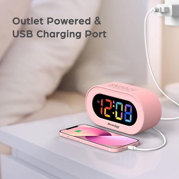 REACHER Pink Colorful LED Digital Alarm Clock with USB Charger - Image 6