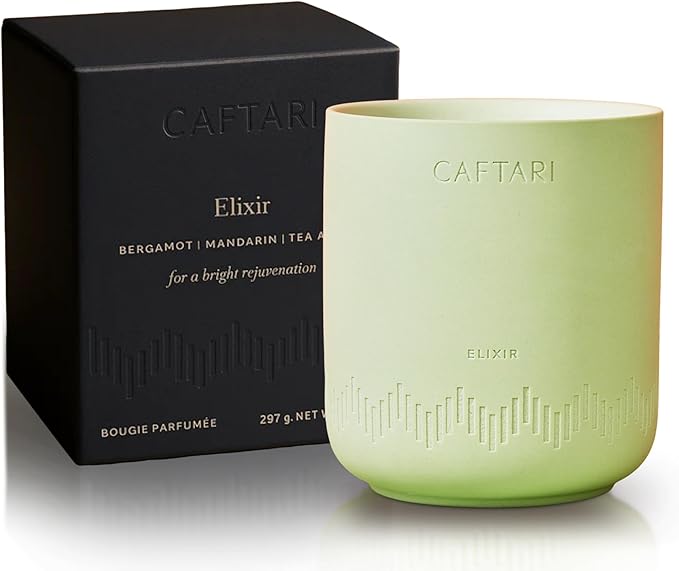 CAFTARI Luxury Aromatherapy Candle | Bergamot, Mandarin & Tea Accord Scented | 60 Hour Burn | Clean Coconut Soy Wax | Vegan, Gift-Ready Candle for Uplifted Mood, Energy & Home Spa Feel | Elixir