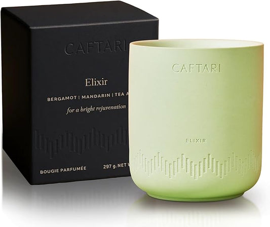 CAFTARI Luxury Aromatherapy Candle | Bergamot, Mandarin & Tea Accord Scented | 60 Hour Burn | Clean Coconut Soy Wax | Vegan, Gift-Ready Candle for Uplifted Mood, Energy & Home Spa Feel | Elixir