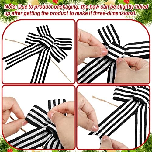 12 Pieces Christmas Black White Stripe Tree Topper Bows Christmas Burlap Bows Halloween Wreath Bow Craft for Tree Gift Wrapping Wall Home Front Door Decor - Image 5