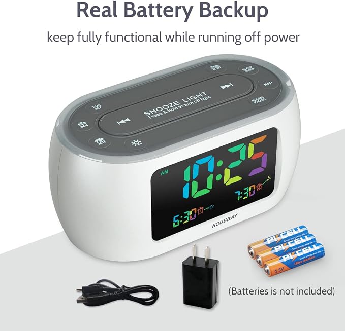 HOUSBAY Glow Small Colorful Alarm Clock Radio with Rainbow Digit, 7 Color Night Light with ON/Off Options, Dual Alarm, Dimmer, FM Radio with SleepTimer for Bedrooms - Image 5
