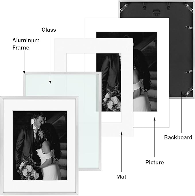 Frametory, Silver Aluminum Picture Frame with Removable Mat - Set of 7 Includes Four 5x7, Two 8x10, One 11x14 - Real Glass Front - Simple Gallery Wall Frames for Art Prints and Posters