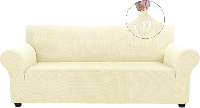 Asnomy Couch Covers for 3 Cushion Couch Stretch Sofa Covers Slipcovers, Pet Protector Furniture Covers for Dogs Cats Spandex Jacquard Fabric Small Checks （Large，Off-White）