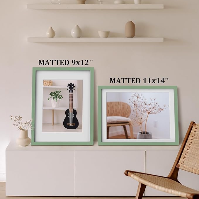 Egofine 12x16 Picture Frames 4PCS Covered by Plexiglass, Made of Solid Wood, Display Pictures 9x12 and 11x14 with Mat or 12x16 Without Mat for Table Top and Wall Mounting, Green