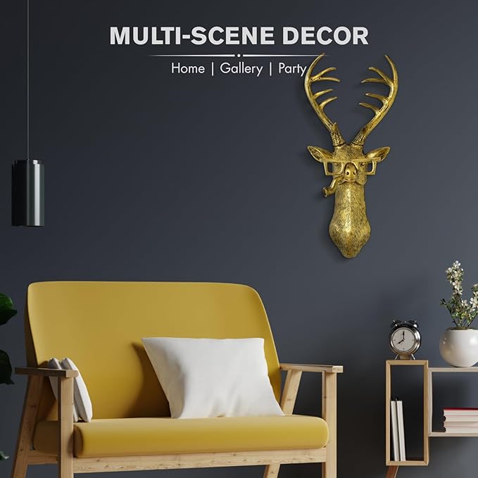 montresor Deer Head Wall Mount 17 inchs Gold Deer Decor PU Foam Material (NOT RESIN) Wall Decor Art for Whimsigoth Home Wall Decor Lightweight Accent Wall Hanging Room Decor Maximalist Decor