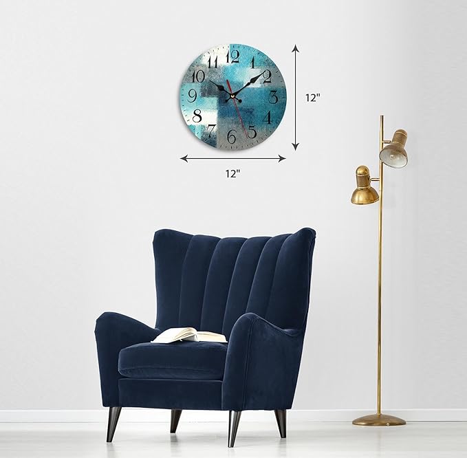 ArtSocket Turquoise Wooden Wall Clock Silent Non-Ticking, Green Blue Grey Teal Aqua Abstract Painting Gray Round Wall Clock Decor for Home Kitchen Living Room Office, Battery Operated 12 Inch