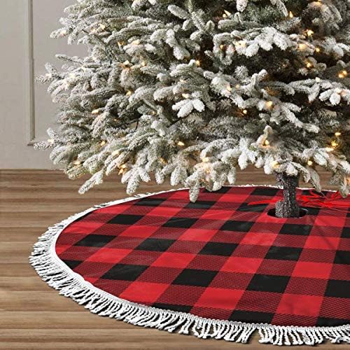 Christmas Tree Skirt 48" Inch Red and Black Plaid Xmas Tree Skirt Mat with White Tassel for Party Holiday, Tree Skirt Christmas Decorations by GHYGTY