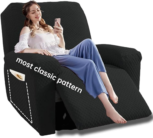 YEMYHOM 4 Pieces Stretch Recliner Slipcover Latest Jacquard Recliner Chair Cover with Side Pocket Anti-Slip Fitted Recliner Cover Couch Furniture Protector with Elastic Bottom (Recliner, Black)