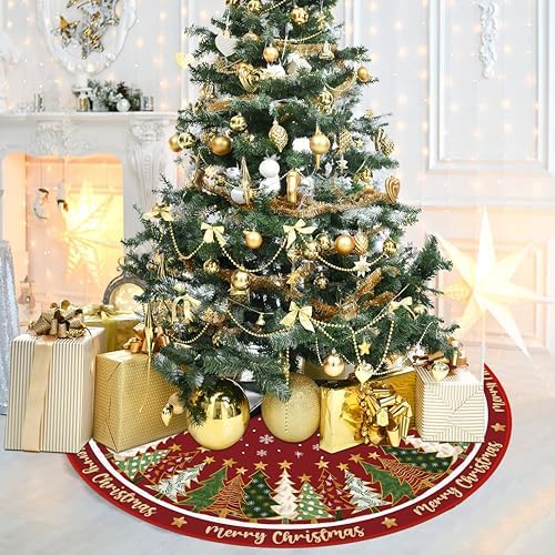 Merry Christmas Pine Stars Red Tree Skirt 36 Inches - Image 2