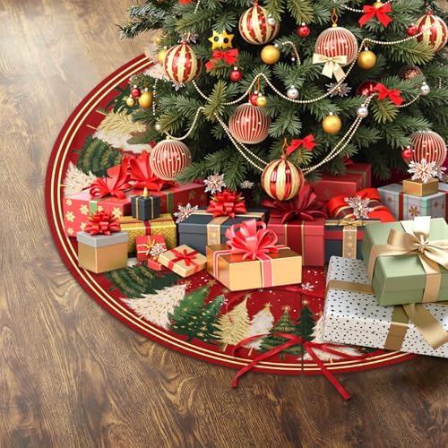 Red Christmas Decorations Trees Skirts 48 Inch Watercolor Xmas Tree Snowflakes Tree Skirt Mat Decor for New Year Festive Farmhouse Winter Holiday Party Ornament - Image 3