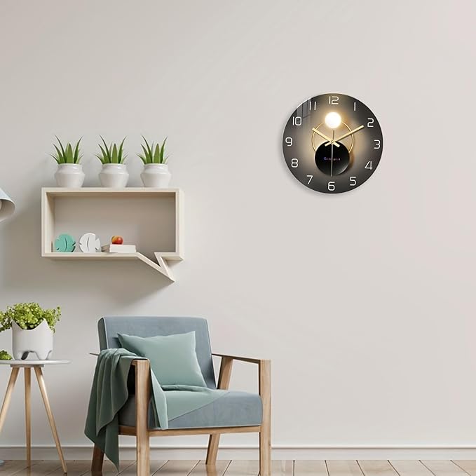 14 Inch Black and Gold Wall Clock for Living Room Decor Silent Wall Clock Non Ticking Glass Wall Clocks Battery Operated