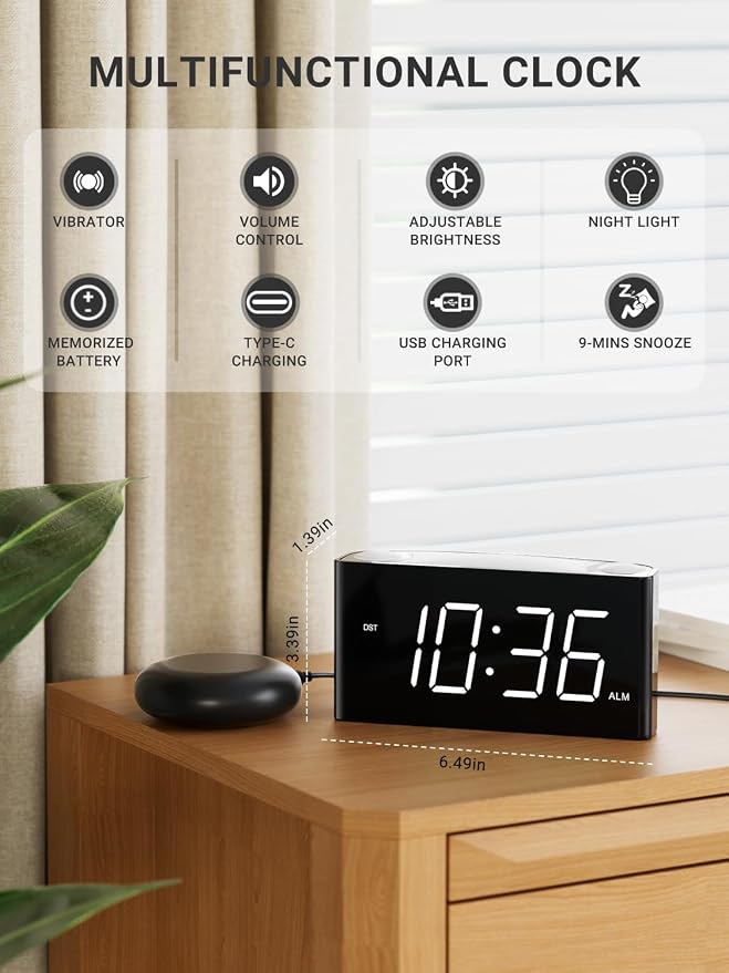 Vibrating Alarm Clock for Heavy Sleepers – Loud Alarm with Bed Shaker, 3 Wake Modes, Large 7.5” Display, 5-Level Dimmer, USB & Type-C Charging, Plug-in with Battery Backup for Bedroom, Teens & Deaf - Image 2