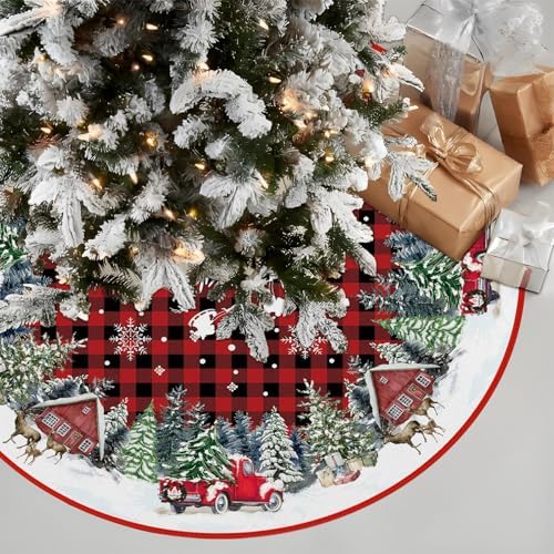 Red Buffalo Plaid with Truck Christmas Tree Skirt 48 Inches - Image 4