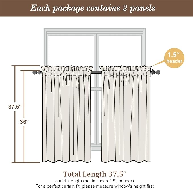 Chyhomenyc 2 Panels Orange Kitchen Curtains 36 Inch Length, Faux Linen Textured Small Cafe Curtain Tiers, Light Filtering Short Window Curtains for Bathroom Basement, 30x36 inch, 2PCS