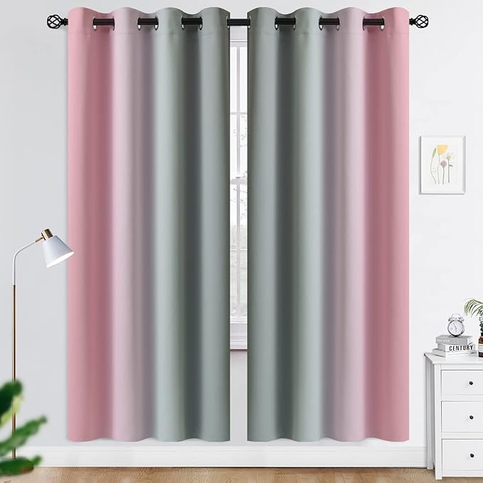 COSVIYA Grommet Ombre Room Darkening Curtains 72 inches Length for Kids/Girls Bedroom, Polyester Light Blocking Pink and Grey Gradient Window Drapes/Curtains for Living Room,2 Panels, 52x72 inches