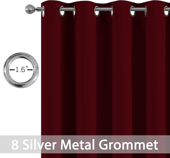 Yakamok Thermal Insulated Grommet Blackout Curtains with 2 Ties for Bedroom/Living Room, Room Darkening Curtain for Kitchen (52Wx96L, Wine Red, 2 Panels)