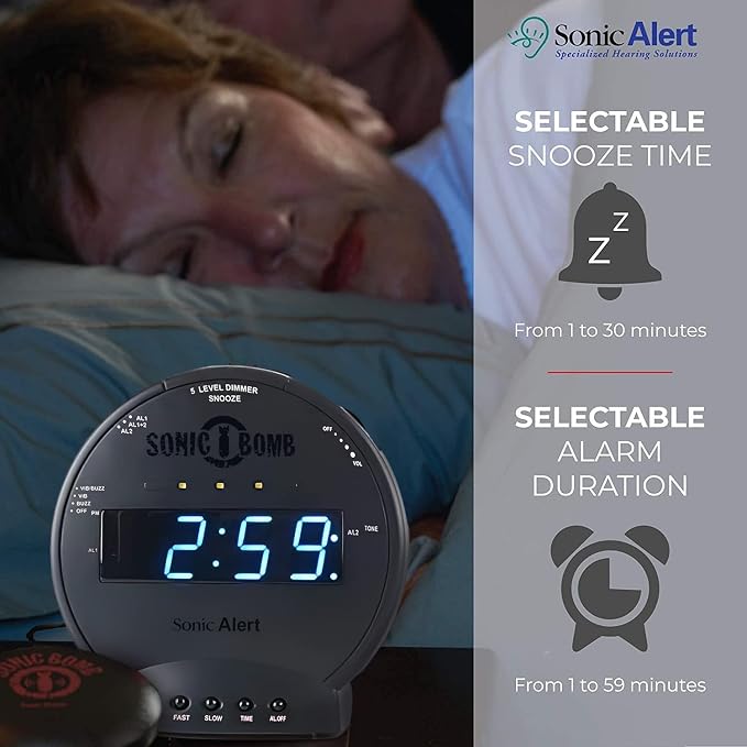 Sonic Alert Sonic Bomb Dual Alarm Clock with Bed Shaker, Black Vibrating Alarm Clock Heavy Sleepers, Battery Backup | Wake with a Shake - Image 4
