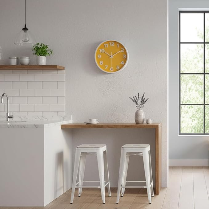 10 Inch Yellow Wall Clock with Big Numbers - Battery Operated Silent Modern Simple Decor Easy to Read for Kitchen, Bedroom, Living Room, Office, School