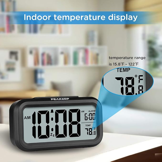 Peakeep Night Light Digital Alarm Clock Battery Operated Indoor Temperature | Small Cordless Cute Clock for Bedroom Desk Travel, Simple to Use for Teens Kids (Black) - Image 4