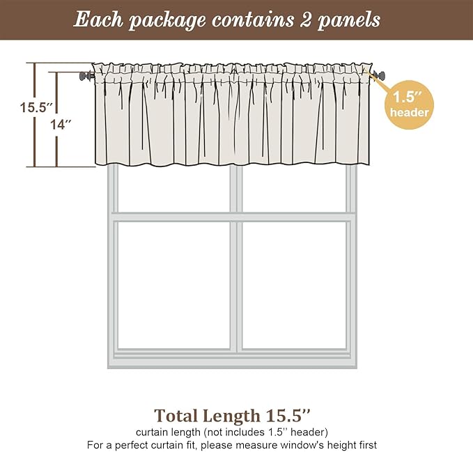 Chyhomenyc Valance for Windows, Faux Linen Slub Textured Small Valance for Kitchen Bathroom Basement, Rod Pocket Short Top Window Curtains for Bedroom, 30Wx14L inch, 2 Piece, Linen Color