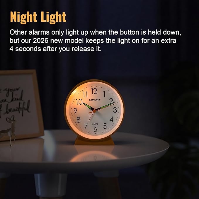 4.5 Inch Small Silent Analog Alarm Clock, Retro Battery Operated Desk Clock with Night Light Stays On 4 Seconds Vintage Metal Table Clock for Bedside, Nightstand, Bedroom, Office, Bathroom - Orange