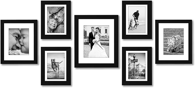 Americanflat Set of 7 Picture Frames with Shatter-Resistant Glass - Gallery Wall Frame Set with One 11x14, Two 8x10 and Four 5x7 Frames - Signature Collection - Black