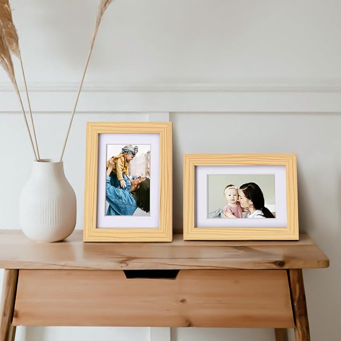 Egofine 4x6 Picture Frames Natural Wood Frames with Plexiglass, Display Pictures 3x4.5 and 3.5x5 with Mat or 4x6 Without Mat Set of 4 for Tabletop and Wall Mounting