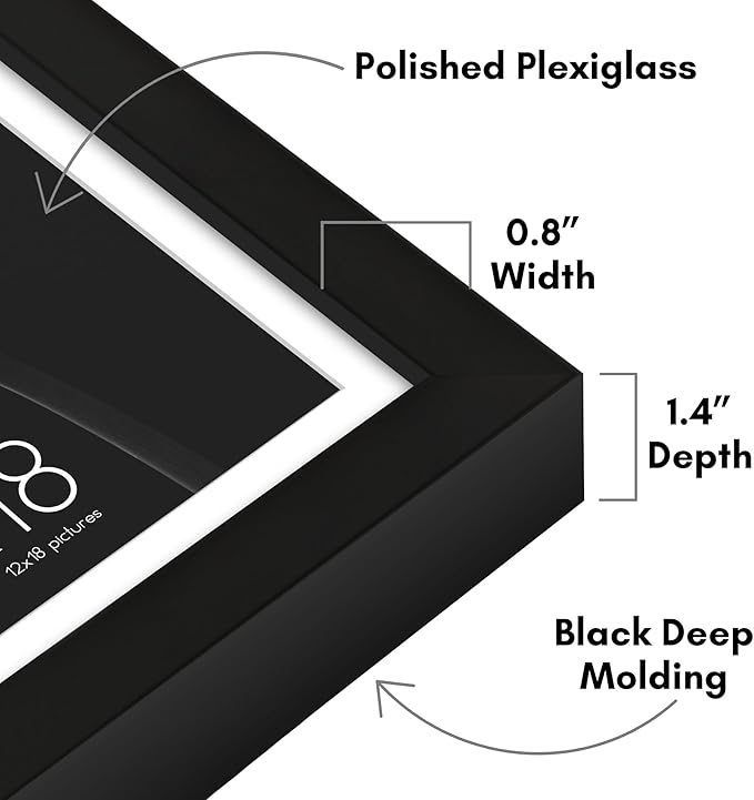 Americanflat 12x18 Poster Frame with Polished Plexiglass - Use as 11x17 Frame with Mat or Display 12x18 Photo Without Mat - Soho Collection - Deep Molding Picture Frames for Wall Display - Black