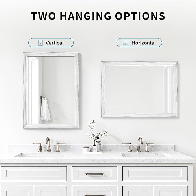 White Wood Effect Framed Wall Mirror, 16x20 Rectangle Mirror, Anti-desilvering Tempered Glass, Sustainable& Sturdy Frame, Farmhouse Mirror, Anti-Rust, 3min Fast Setup for Bathroom Living Room
