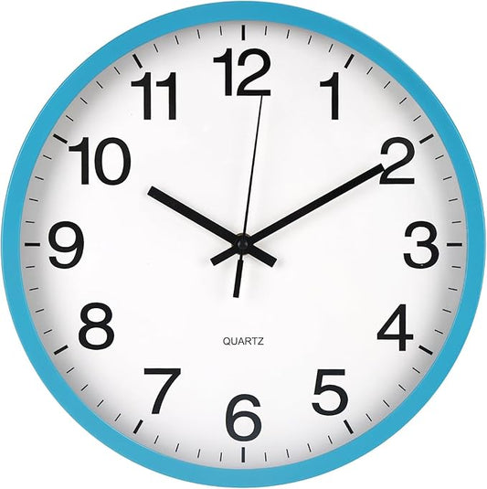 Wall Clock Non-Ticking Silent Quartz Movement Decor Clock Modern Simple Style Round Plastic Wall Clocks for Home/Office/School/Living Room/Bedroom/Kitchen (Blue, 12 Inch)