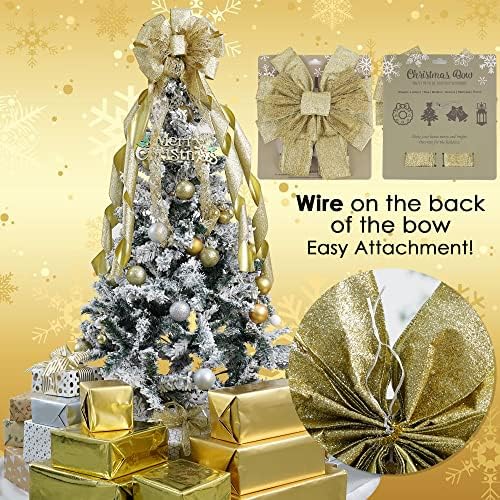 MEEDEE Gold Glitter Christmas Tree Topper - 12" Wide Snowflake Ribbon Bow - Large Gold Bows for Christmas Tree Decoration (1 Pack) - Image 3
