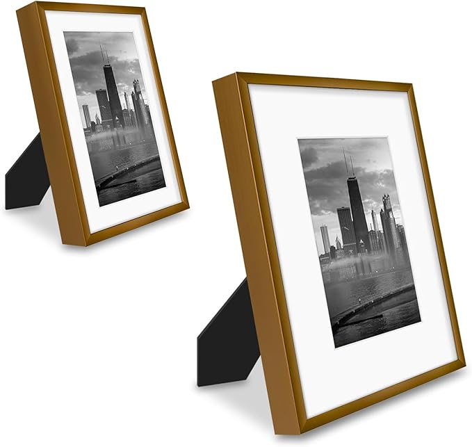 Frametory, Bronze Aluminum Picture Frame with Removable Mat - Set of 7 Includes Four 5x7, Two 8x10, One 11x14 - Real Glass Front - Simple Gallery Wall Frames for Art Prints and Posters