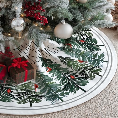 CROWNED BEAUTY Christmas Tree Skirt Collar 48 Inch Green Pine Trees Red Cardinals Soft Farmhouse Holiday Decoration (Green) TS37 by CrownedBeauty
