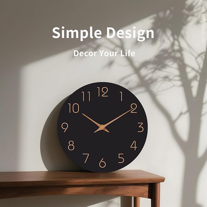 Mosewa Wall Clock 8 Inch Black Battery Operated Silent Non Ticking Simple Minimalist Rose Gold Numbers Decorative for Bedroom Living Room Kitchen Home Bathroom Office