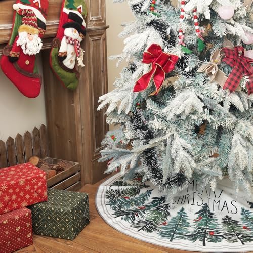 CROWNED BEAUTY Christmas Tree Skirt Collar 48 Inch Green Pine Trees Red Cardinals Soft Farmhouse Holiday Decoration (Green) TS37 - Image 2