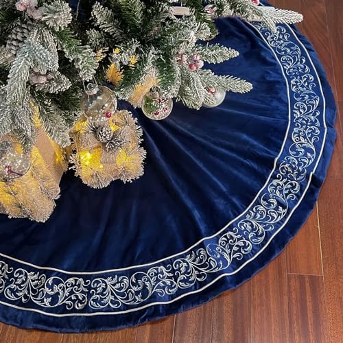 Christmas Tree Skirt 60 inch, Blue Luxury Velvet Plush Faux Fur Extra Large Skirts with Silver Embroidered Vintage Pattern, Classic Retro Christmas Tree Decorations Gifts - Image 4