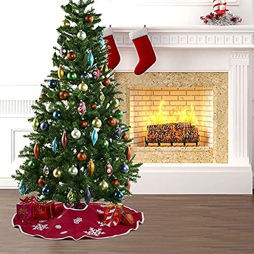 36 Inch Red Burlap Christmas Tree Skirt with White Snowflakes - Image 5